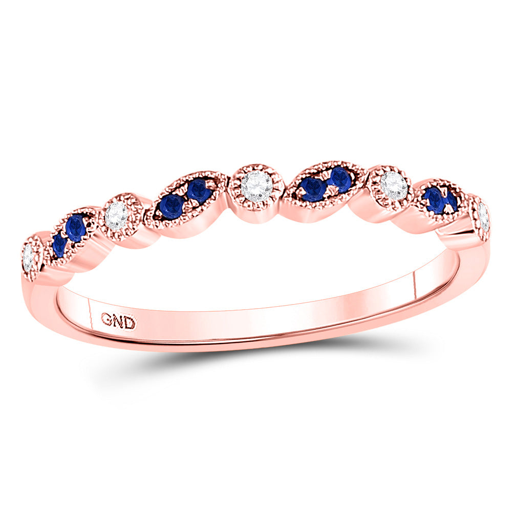 10kt Rose Gold Womens Round Blue Sapphire Diamond Stackable Band Ring 1/10 Cttw
