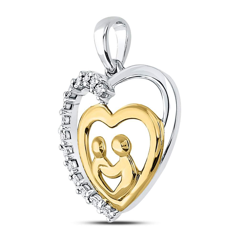 10kt Two-tone Gold Womens Round Diamond Mom Mother Child Heart Pendant 1/20 Cttw