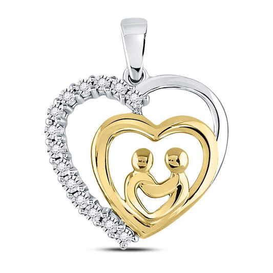 10kt Two-tone Gold Womens Round Diamond Mom Mother Child Heart Pendant 1/20 Cttw