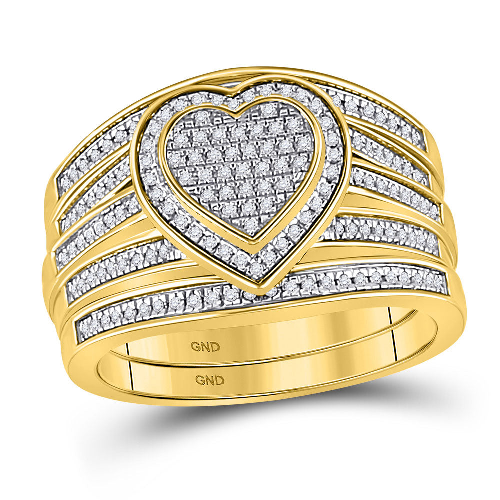 10kt Yellow Gold His Hers Round Diamond Heart Matching Wedding Set 1/2 Cttw