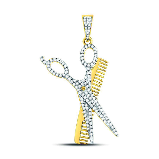 10kt Yellow Gold Mens Round Diamond Scissors Comb Barber Charm Pendant 3/4 Cttw