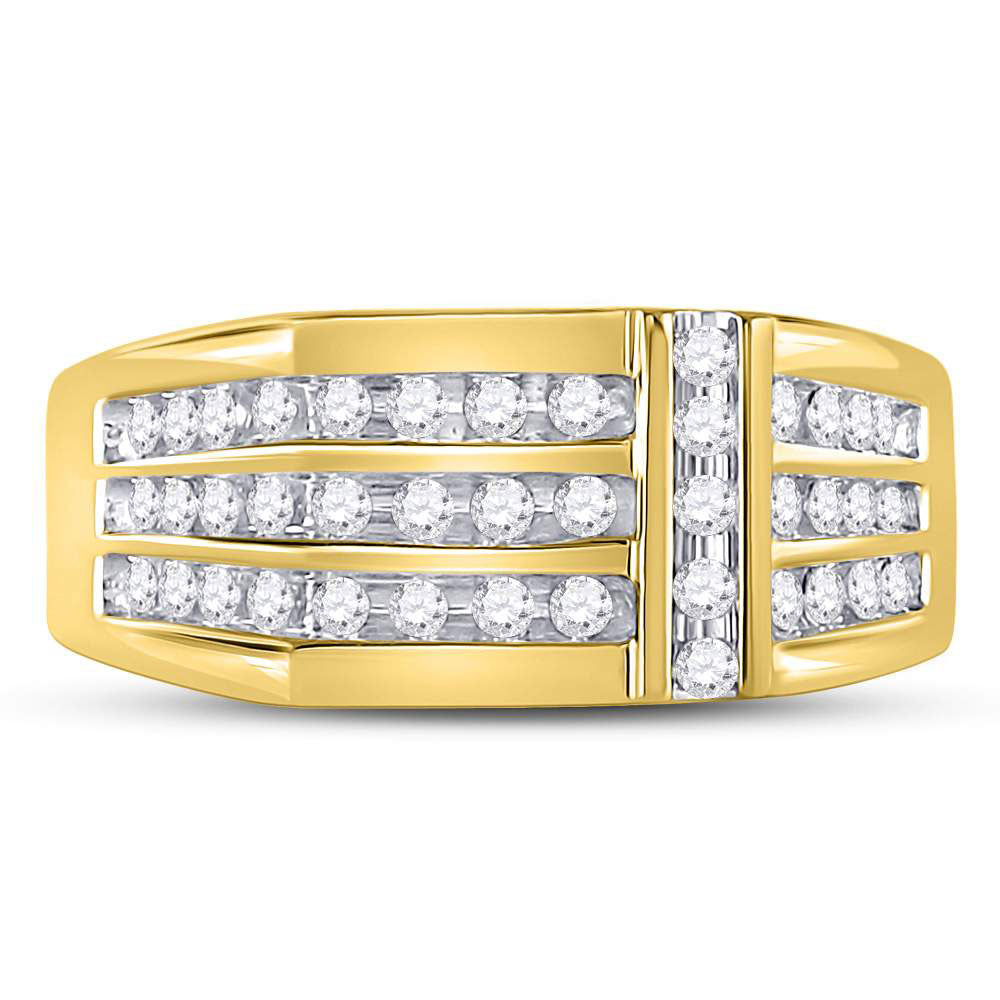 14kt Yellow Gold Mens Round Diamond Triple Row Intersecting Fashion Ring 1/2 Cttw