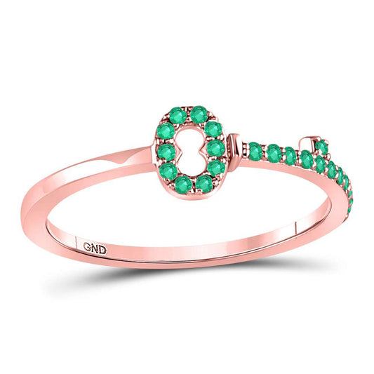 10kt Rose Gold Womens Round Emerald Key Stackable Band Ring 1/5 Cttw