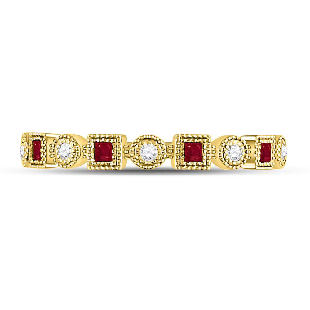 10kt Yellow Gold Womens Princess Ruby Diamond Square Dot Stackable Band Ring 1/5 Cttw