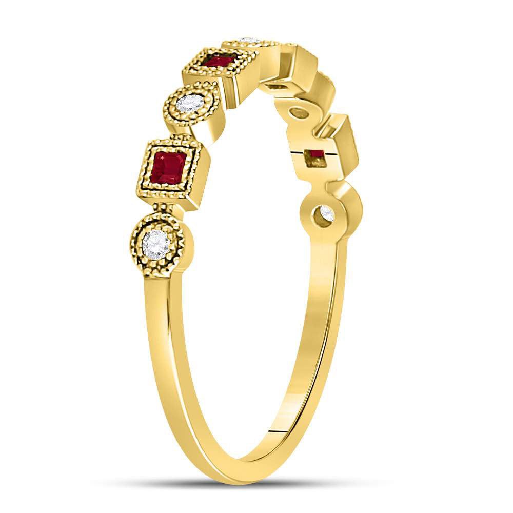 10kt Yellow Gold Womens Princess Ruby Diamond Square Dot Stackable Band Ring 1/5 Cttw