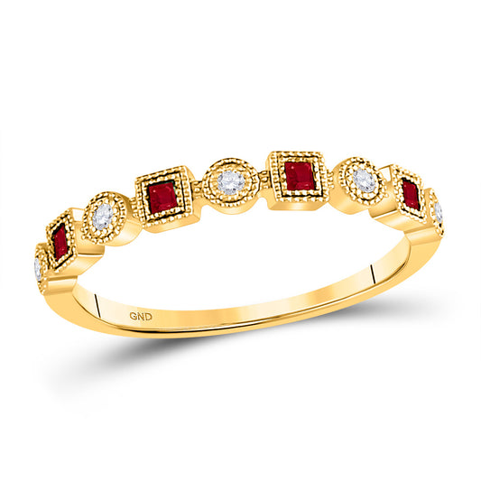 10kt Yellow Gold Womens Princess Ruby Diamond Square Dot Stackable Band Ring 1/5 Cttw