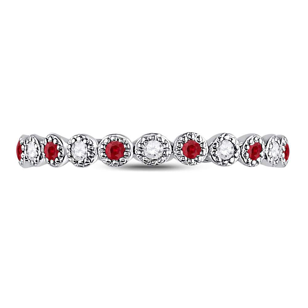 10kt White Gold Womens Round Ruby Diamond Bead Dot Stackable Band Ring 1/5 Cttw