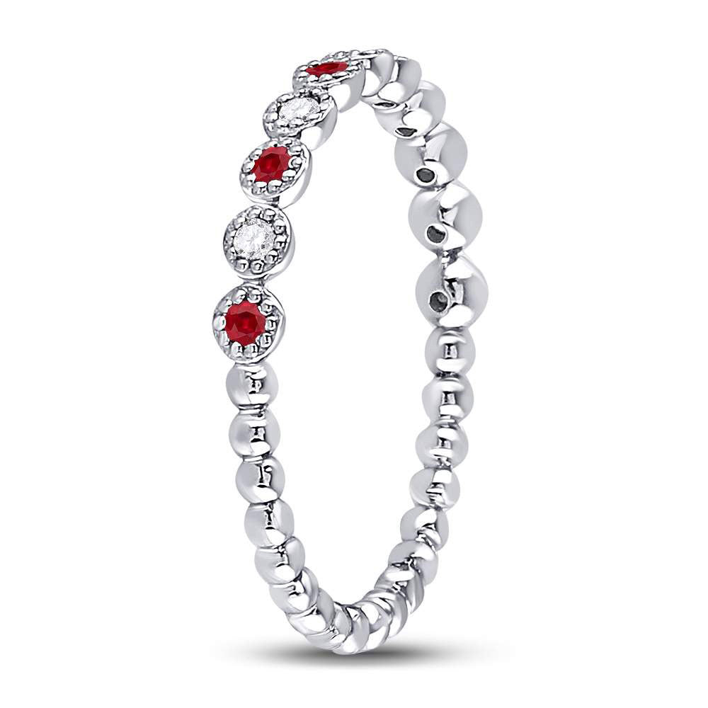 10kt White Gold Womens Round Ruby Diamond Bead Dot Stackable Band Ring 1/5 Cttw