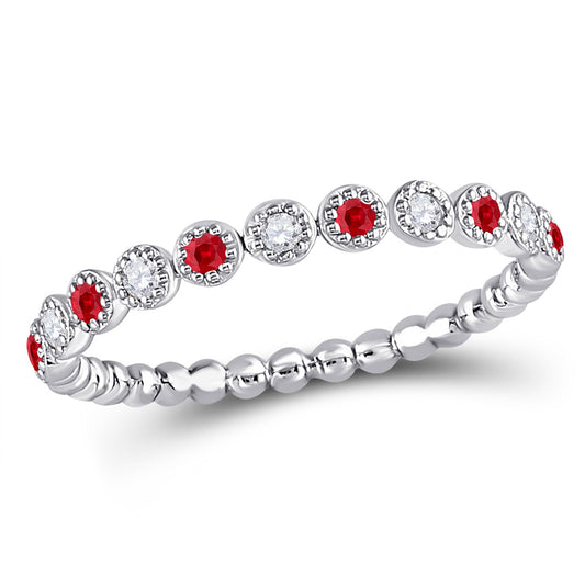 10kt White Gold Womens Round Ruby Diamond Bead Dot Stackable Band Ring 1/5 Cttw