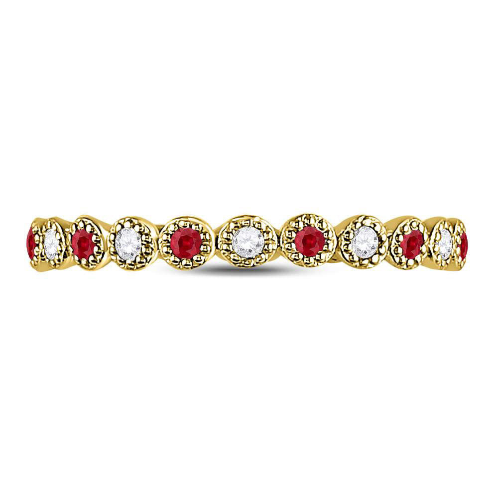 10kt Yellow Gold Womens Round Ruby Diamond Beaded Dot Stackable Band Ring 1/6 Cttw