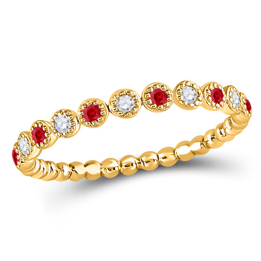 10kt Yellow Gold Womens Round Ruby Diamond Beaded Dot Stackable Band Ring 1/6 Cttw