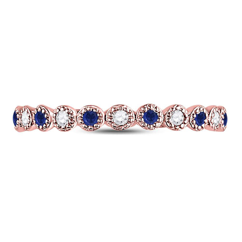 10kt Rose Gold Womens Round Blue Sapphire Diamond Beaded Dot Stackable Band Ring 1/6 Cttw