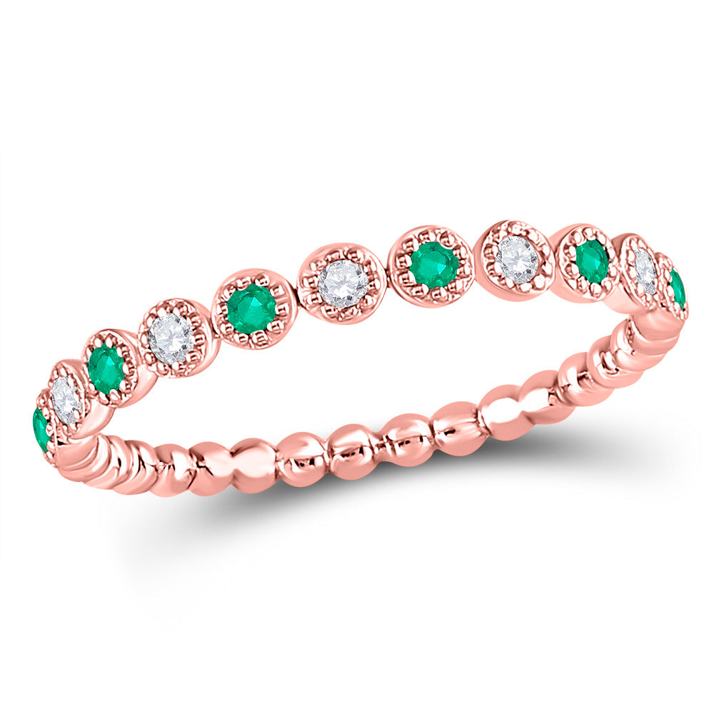 10kt Rose Gold Womens Round Emerald Diamond Dot Stackable Band Ring 1/6 Cttw