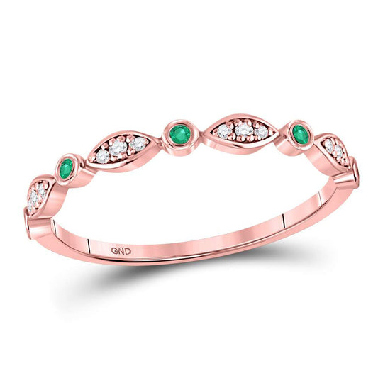 10kt Rose Gold Womens Round Emerald Diamond Marquise Dot Stackable Band Ring 1/8 Cttw