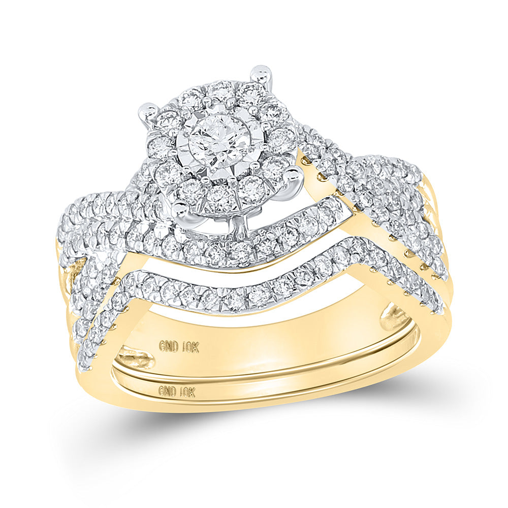10kt Yellow Gold Round Diamond Contoured Bridal Wedding Ring Band Set 1 Cttw