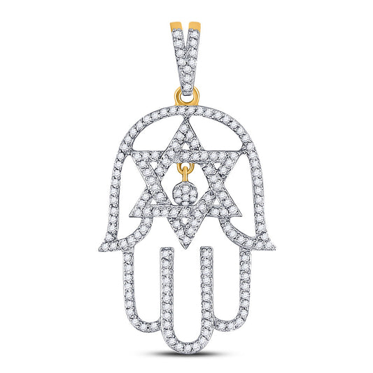 10kt Yellow Gold Mens Round Diamond Hamsa Star of David Charm Pendant 1/2 Cttw