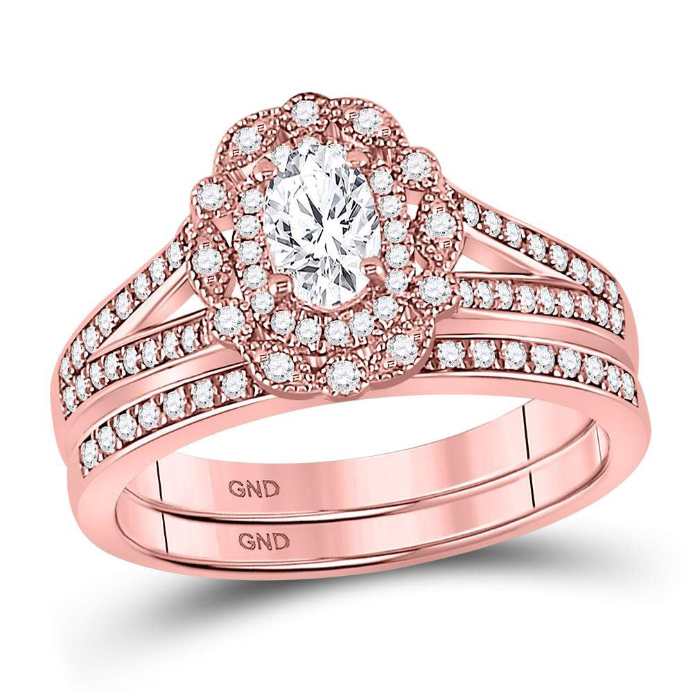 14kt Rose Gold Oval Diamond Bridal Wedding Ring Band Set 1 Cttw