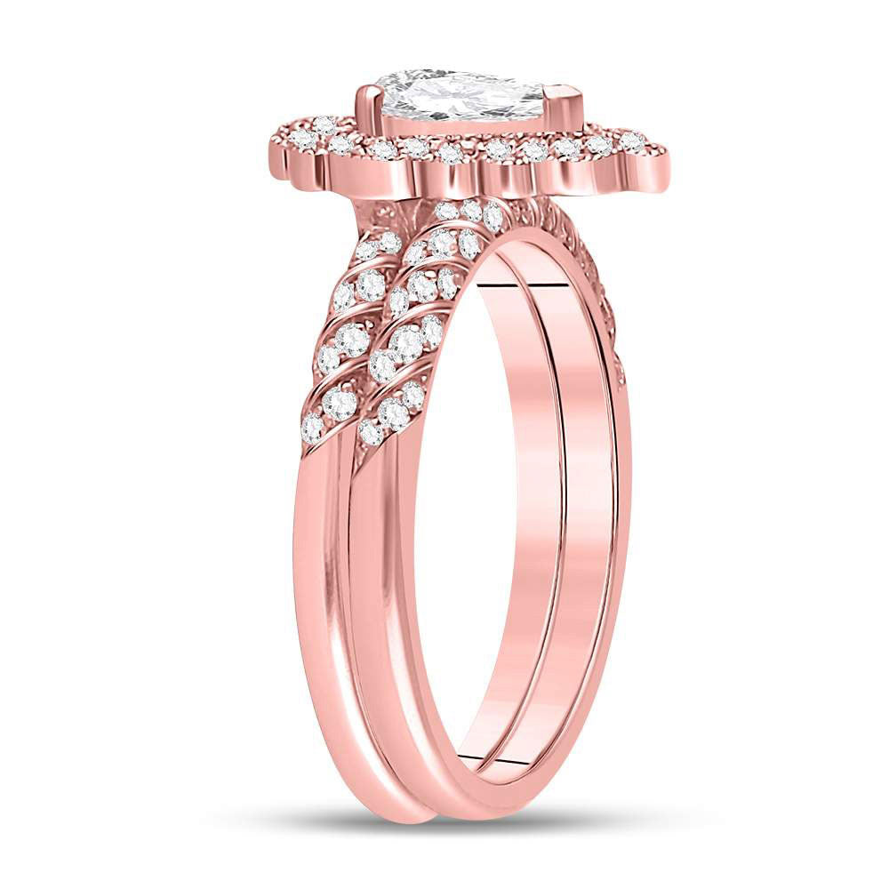 14kt Rose Gold Pear Diamond Halo Bridal Wedding Ring Band Set 1 Cttw