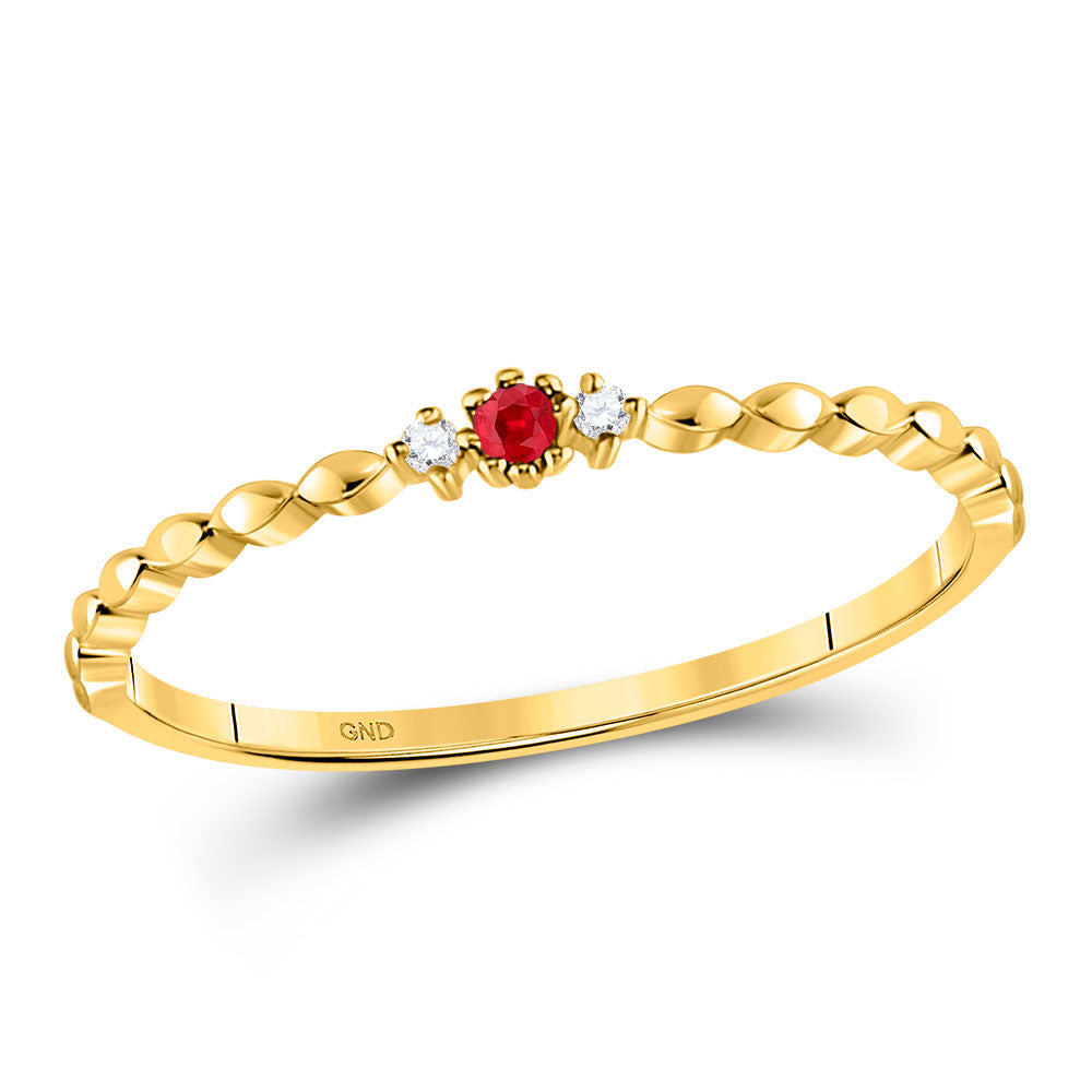 10kt Yellow Gold Womens Round Ruby Diamond Stackable Band Ring .03 Cttw