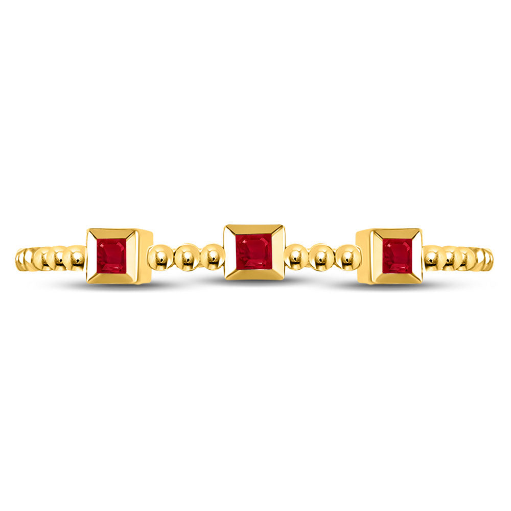 10kt Yellow Gold Womens Princess Ruby 3-Stone Beaded Stackable Band Ring 1/20 Cttw