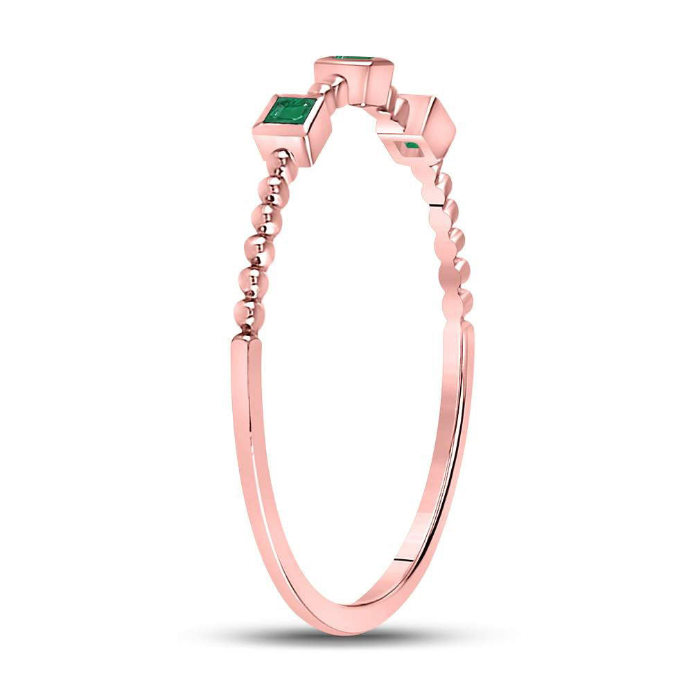 10kt Rose Gold Womens Princess Emerald Beaded 3-stone Stackable Band Ring .03 Cttw