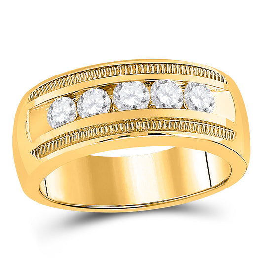 14kt Yellow Gold Mens Round Diamond Single Row Textured Wedding Band Ring 1 Cttw