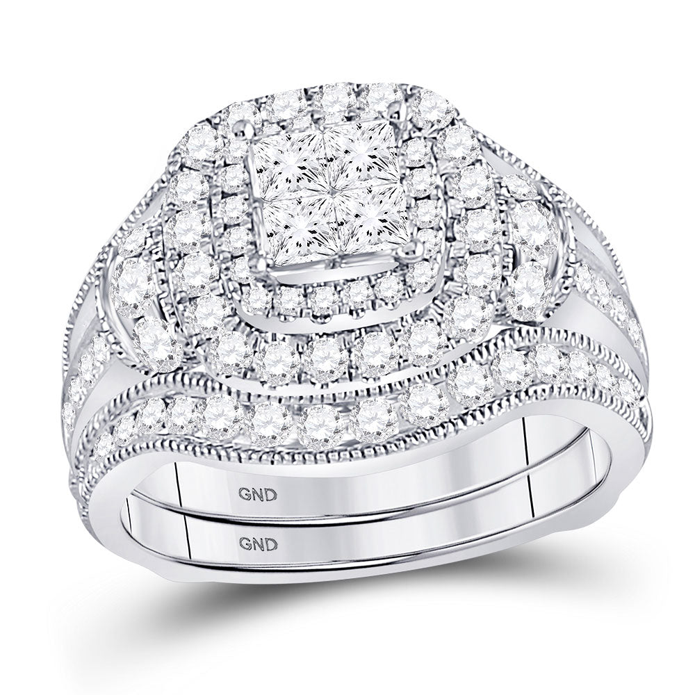 14kt White Gold Princess Diamond Milgrain Ring Guard Bridal Wedding Ring Set 2 Cttw