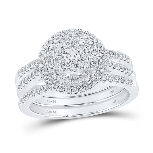 14kt White Gold Round Diamond Cluster Bridal Wedding Ring Band Set 3/4 Cttw