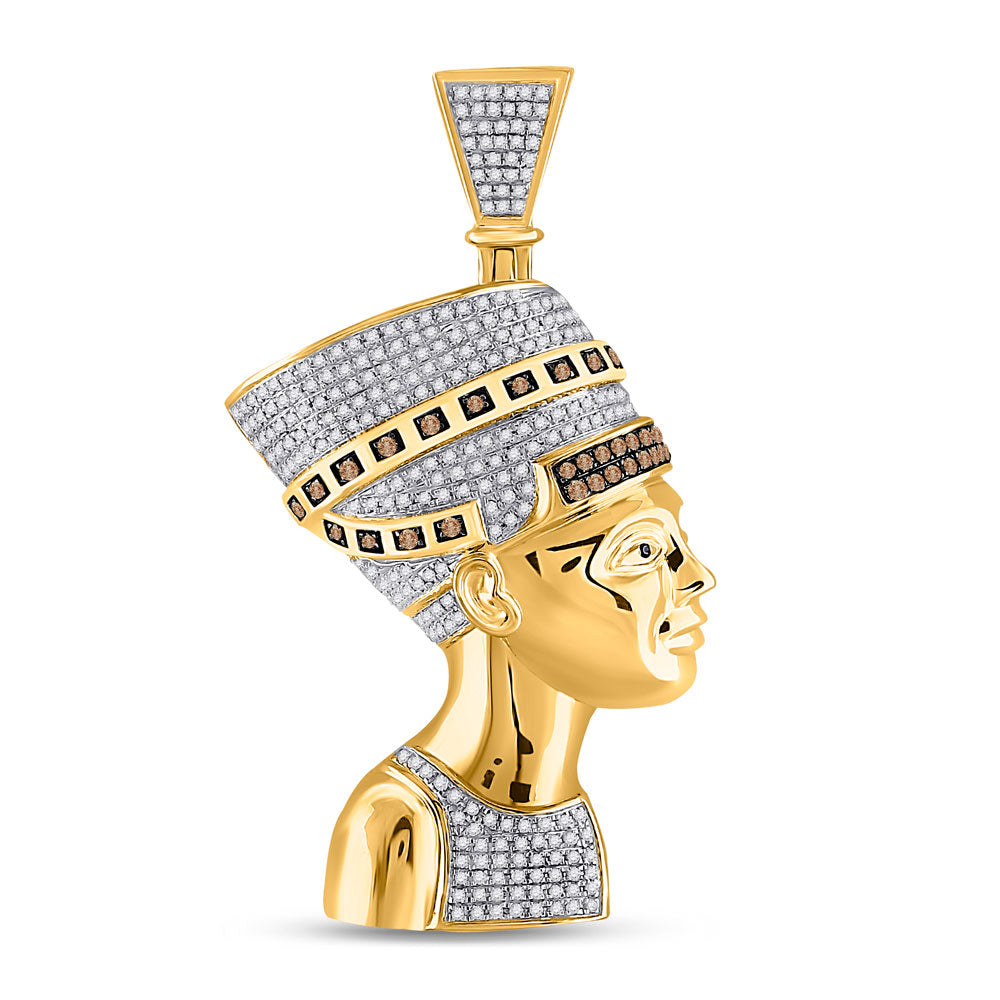 10kt Yellow Gold Mens Round Red Color Enhanced Diamond Pharaoh Nefertiti Pendant 1 Cttw