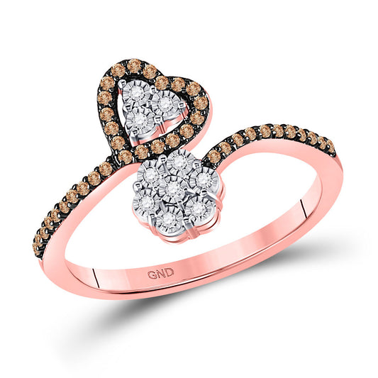 10kt Rose Gold Womens Round Brown Diamond Bypass Flower Heart Ring 1/5 Cttw