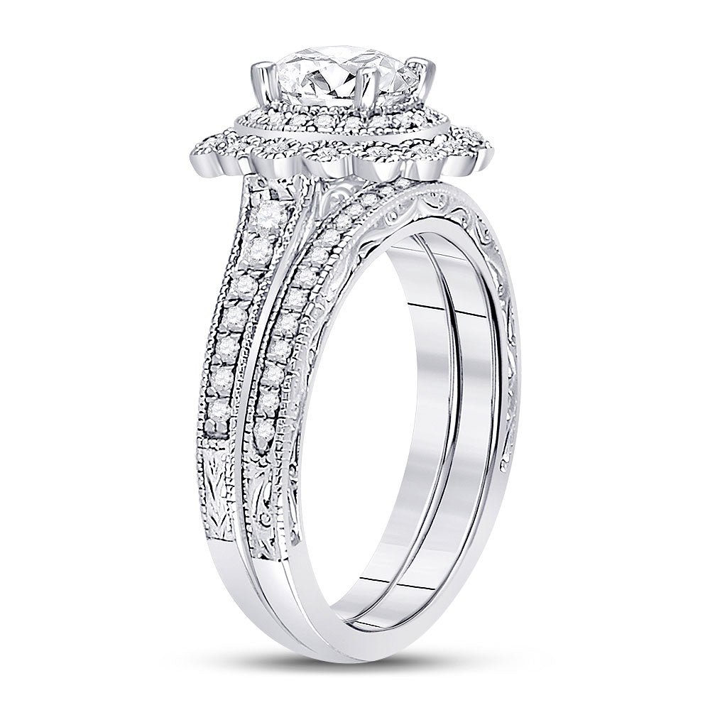 14kt White Gold Round Diamond Bridal Wedding Ring Band Set 1-1/5 Cttw