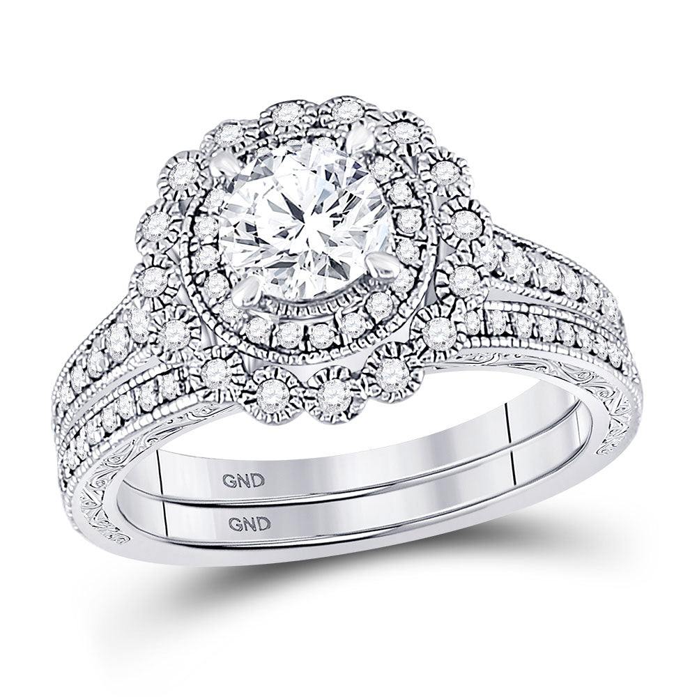 14kt White Gold Round Diamond Bridal Wedding Ring Band Set 1-1/5 Cttw