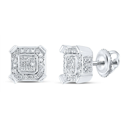 10kt White Gold Mens Round Diamond Square Earrings 1/3 Cttw