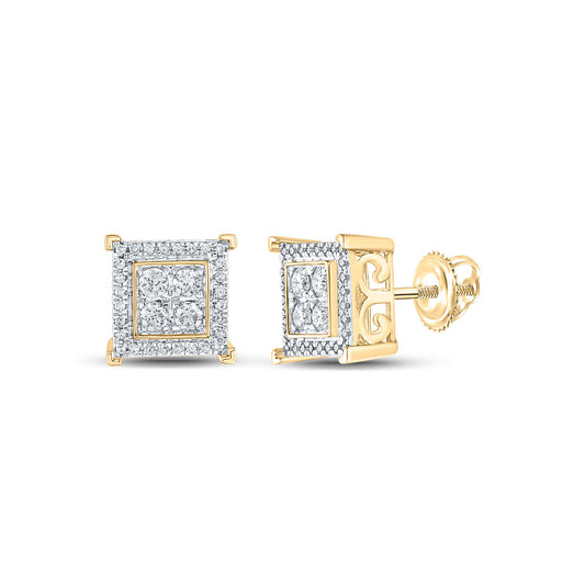 14kt Yellow Gold Mens Round Diamond Square Earrings 1/2 Cttw