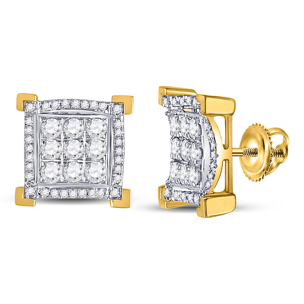 14kt Yellow Gold Mens Round Diamond Squared Cluster Earrings 1 Cttw