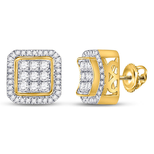 10kt Yellow Gold Mens Round Diamond Square Cluster Earrings 7/8 Cttw