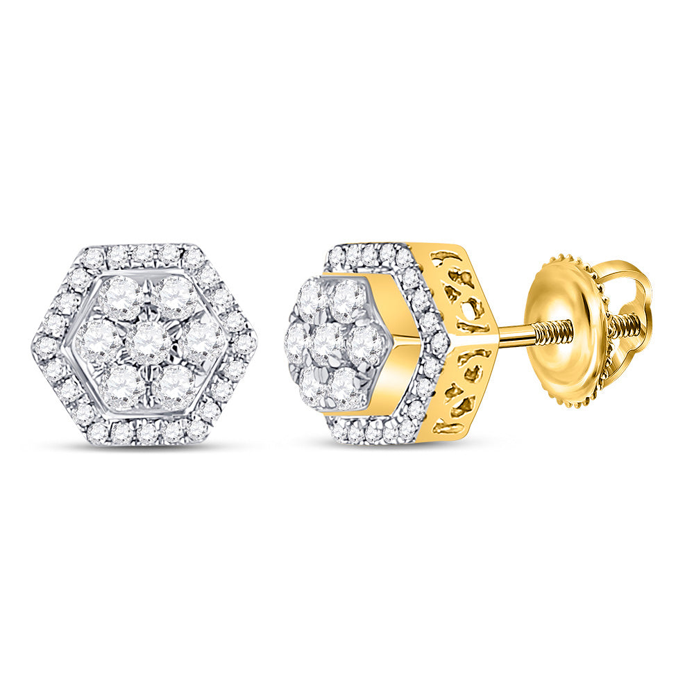 10kt Yellow Gold Mens Round Diamond Hexagon Earrings 1/2 Cttw
