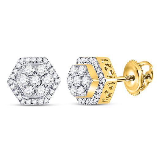 10kt Yellow Gold Mens Round Diamond Hexagon Cluster Earrings 1/2 Cttw