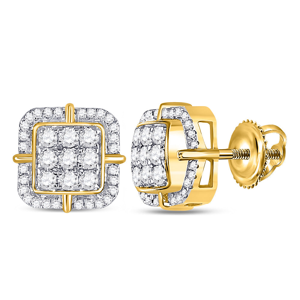 10kt Yellow Gold Mens Round Diamond Square Earrings 7/8 Cttw