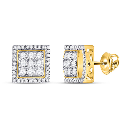 10kt Yellow Gold Mens Round Diamond Square Cluster Earrings 7/8 Cttw