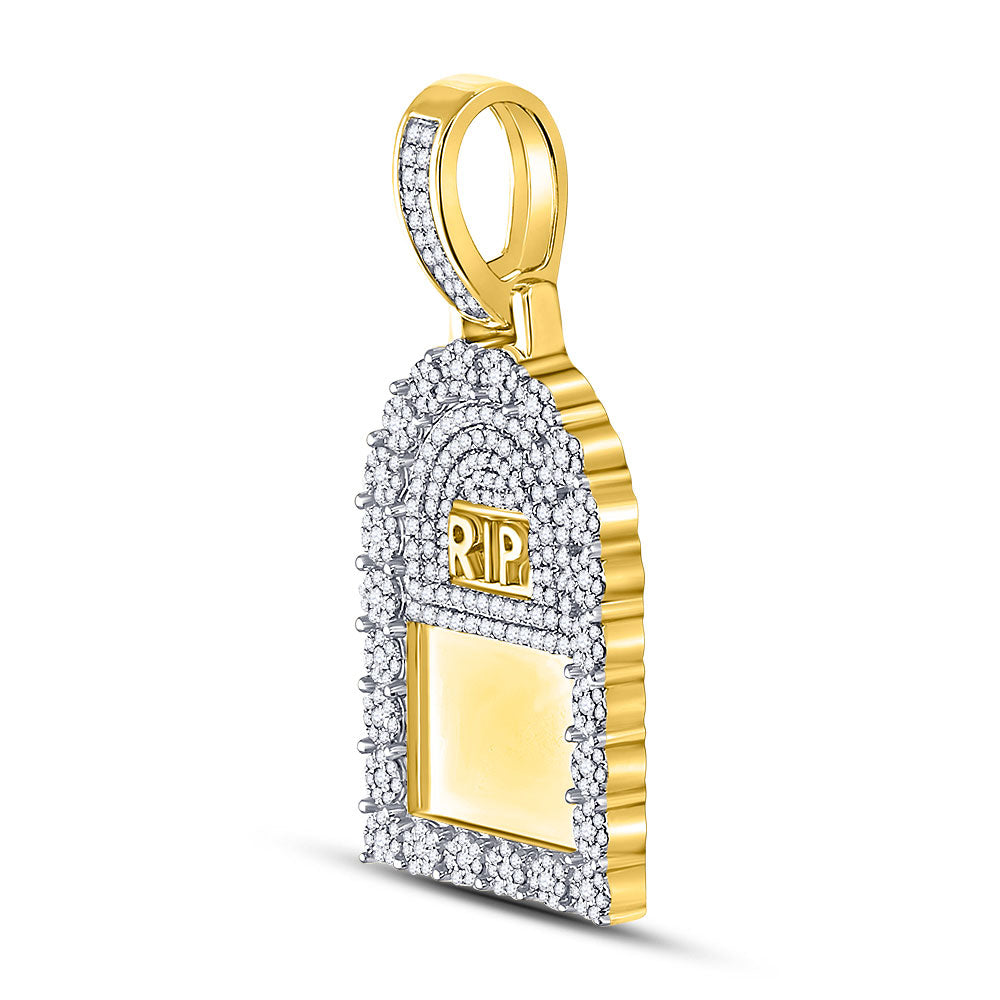 10kt Yellow Gold Mens Round Diamond Headstone RIP Picture Memory Pendant 1-1/2 Cttw