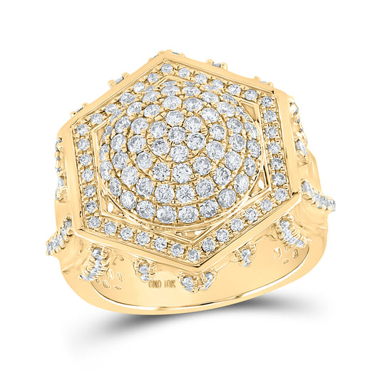 10kt Yellow Gold Mens Round Diamond Hexagon Cluster Ring 2-3/8 Cttw