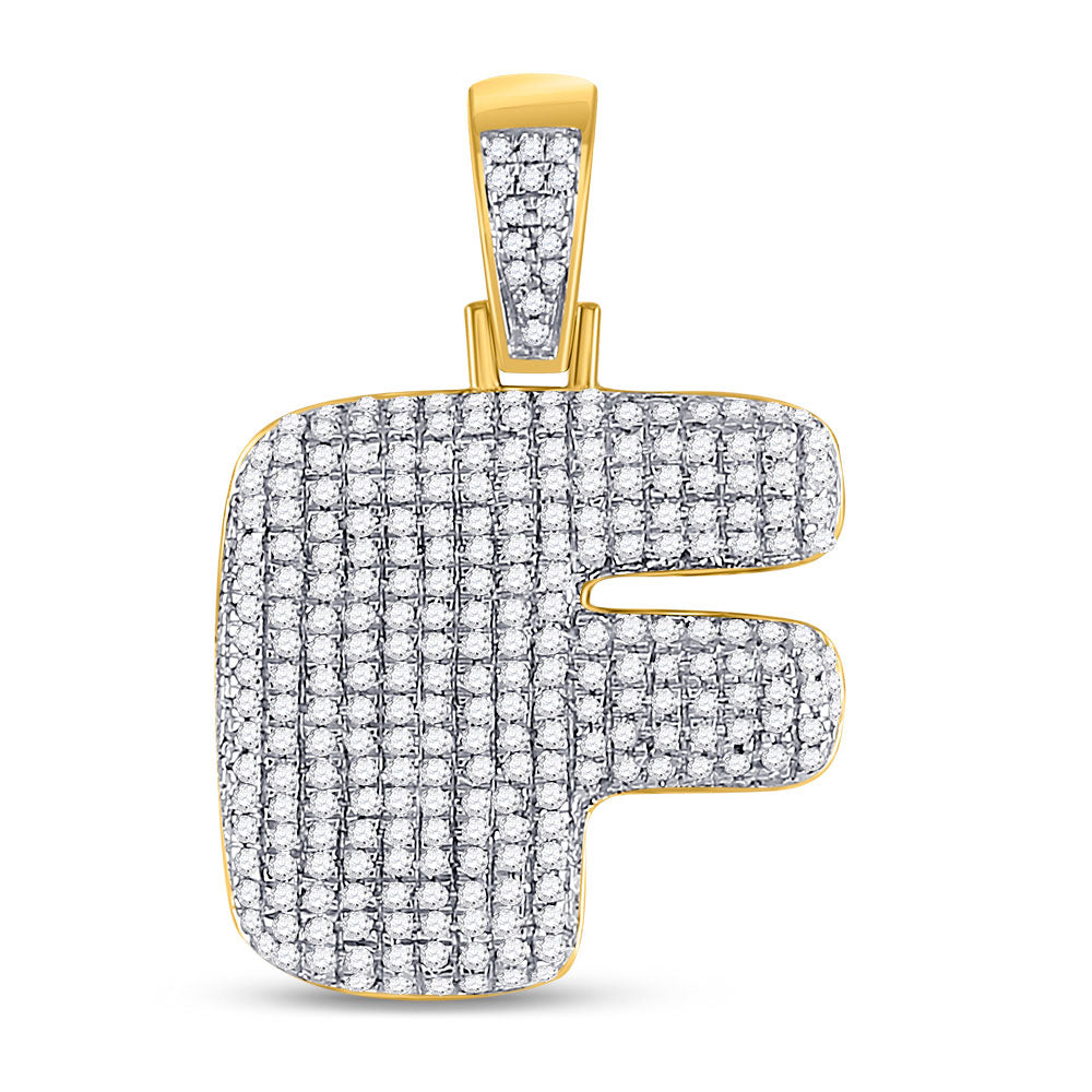 10kt Yellow Gold Mens Round Diamond Bubble F Letter Charm Pendant 7/8 Cttw