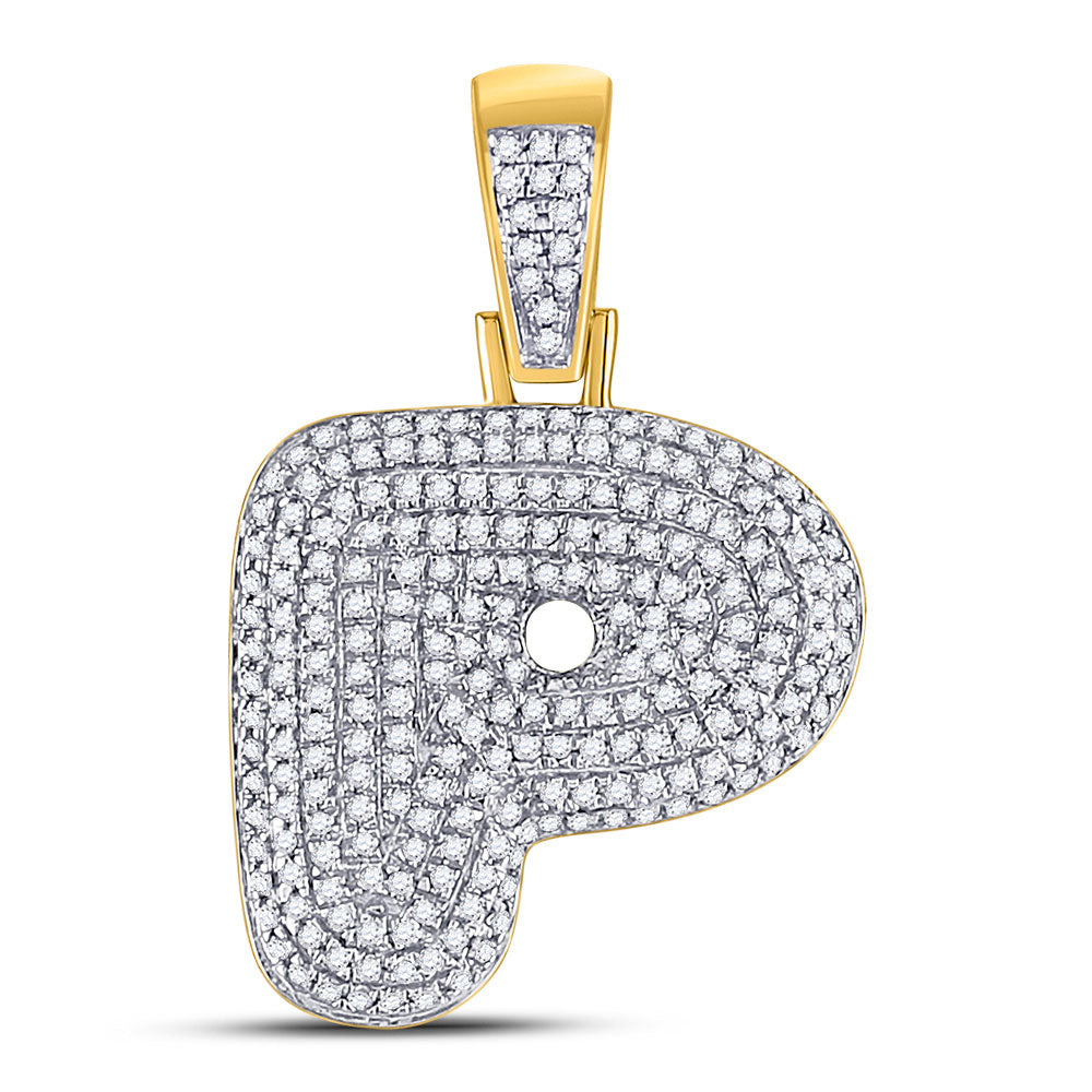 10kt Yellow Gold Mens Round Diamond Bubble P Letter Charm Pendant 3/4 Cttw