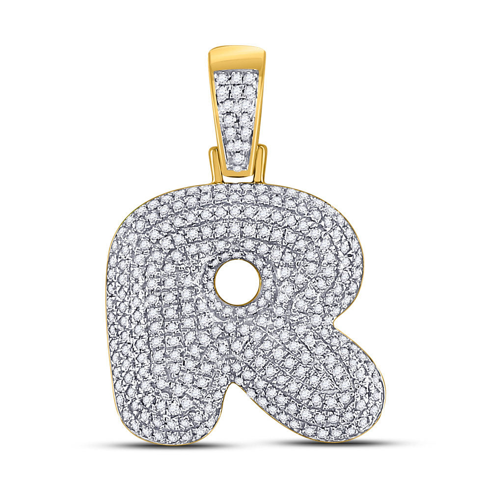 10kt Yellow Gold Mens Round Diamond Bubble R Letter Charm Pendant 7/8 Cttw