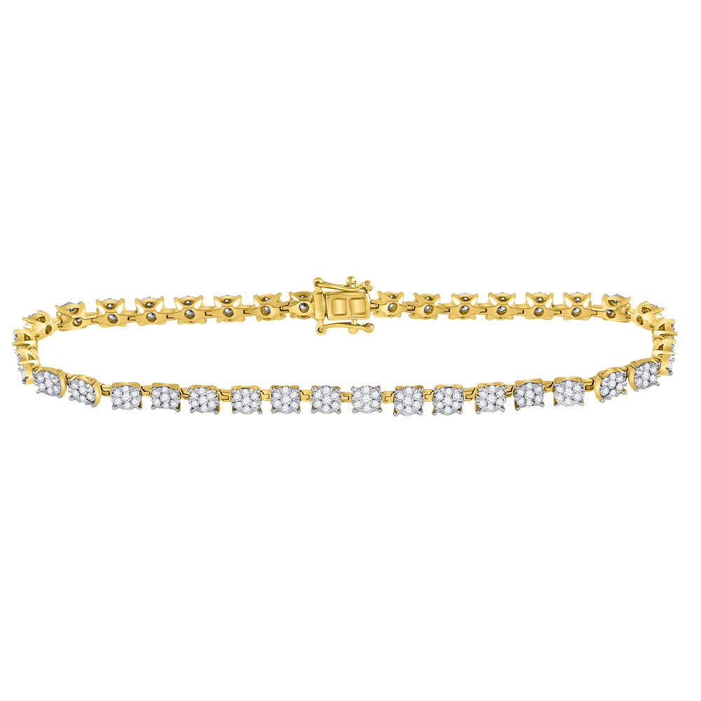 14kt Yellow Gold Womens Round Diamond Fashion Cluster Tennis Bracelet 1-7/8 Cttw