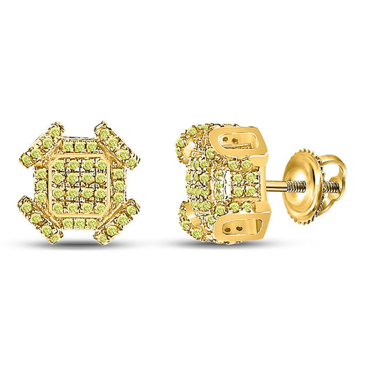 10kt Yellow Gold Mens Round Yellow Diamond Square Earrings 3/8 Cttw