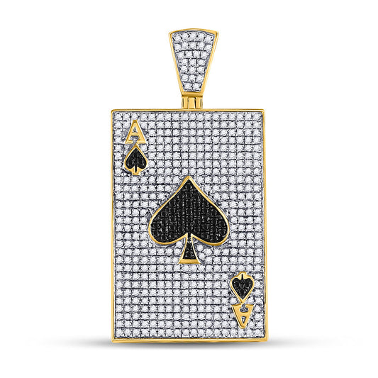 10kt Yellow Gold Mens Round Black Color Enhanced Diamond Ace Spades Card Pendant 1-3/8 Cttw