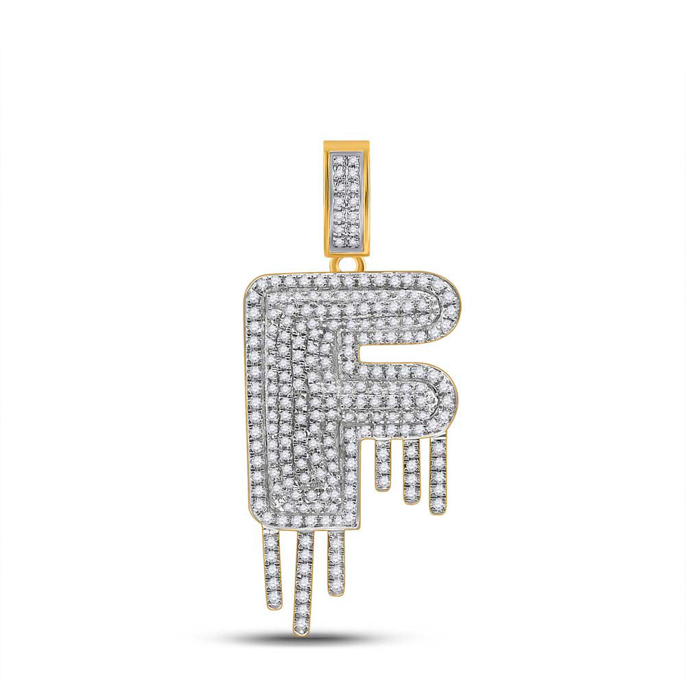 10kt Yellow Gold Mens Round Diamond Drip F Letter Charm Pendant 5/8 Cttw