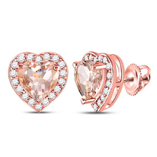 10kt Rose Gold Womens Morganite Heart Diamond Stud Earrings 1-1/2 Cttw